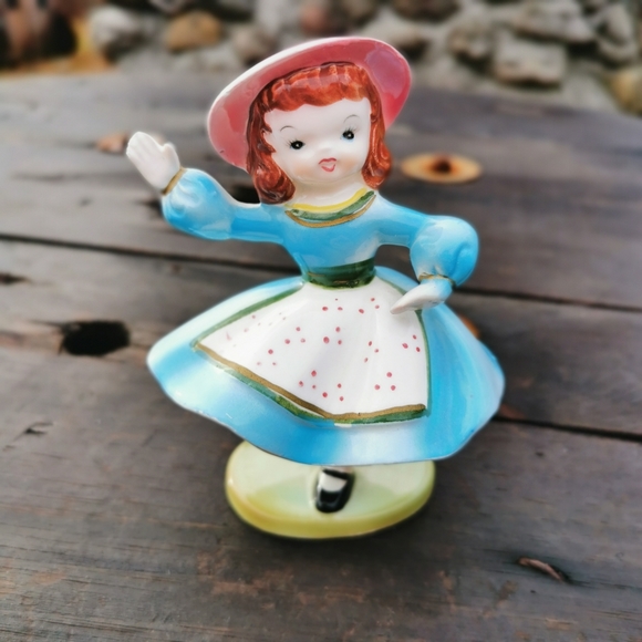 Vintage Japan Ceramic Waving Girl in Blue Dress Figurine - Picture 3 of 16